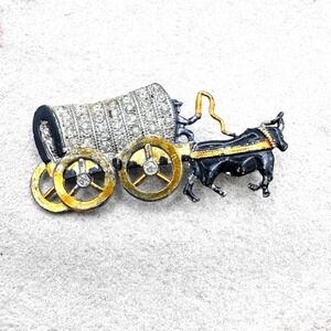 Vintage Ox Cart Wagon Brooch Rhinestone Silver Black Gold Figural 2.5" Western‎